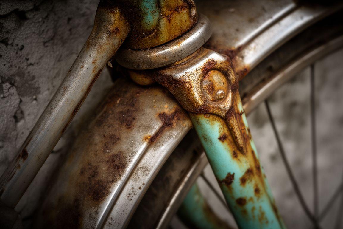 Telaio di bicicletta vintage arrugginito e degradato prima del restauro