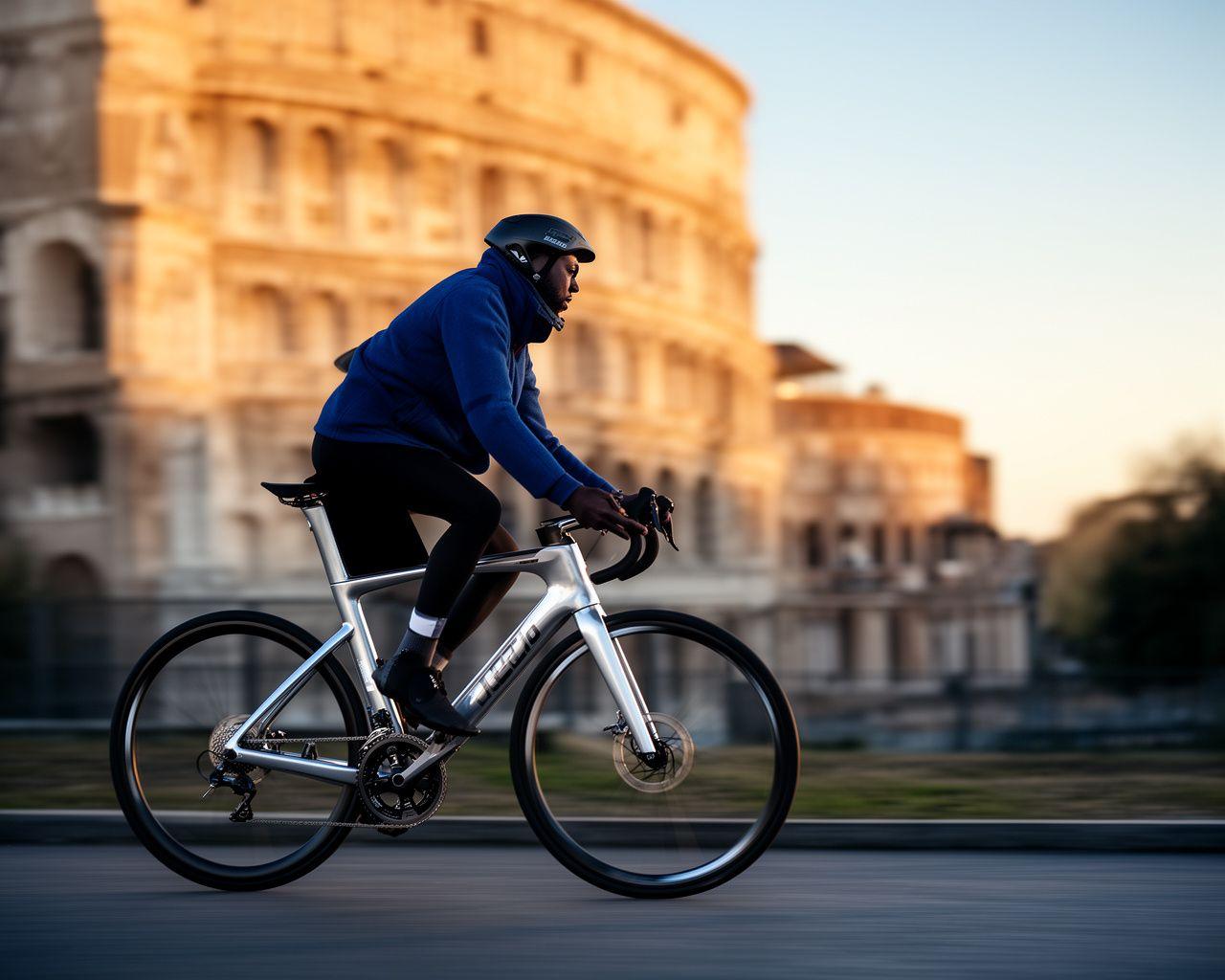 Ciclista urbano che percorre le strade di Roma con una bicicletta moderna
